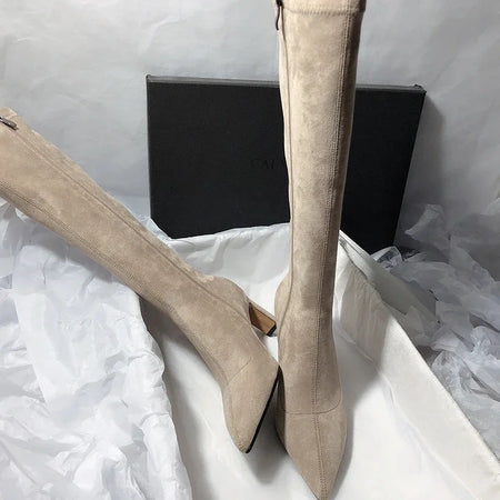 Leona Over Knee Premium Suede Boots - side flat-lay shot with box, beige - Miss Mosa By Akanksha