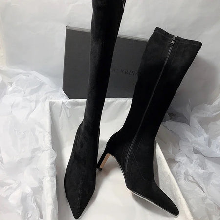 Leona Over Knee Premium Suede Boots - front flat-lay shot with box, black - Miss Mosa By Akanksha