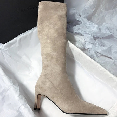 Leona Over Knee Premium Suede Boots - flat-lay shot on tissue, beige - Miss Mosa By Akanksha