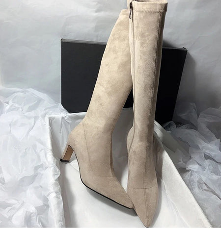 Leona Over Knee Premium Suede Boots - side flat-lay shot with box, beige - Miss Mosa By Akanksha