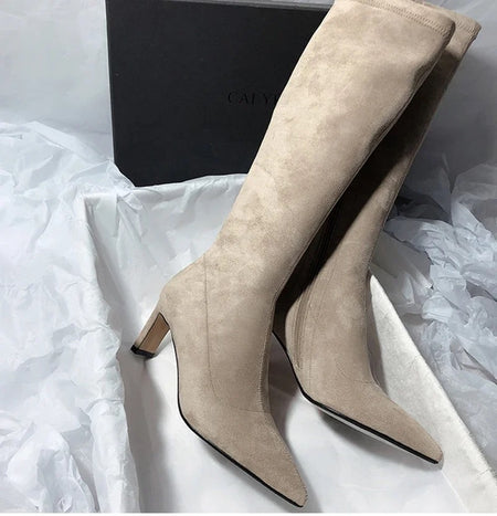 Leona Over Knee Premium Suede Boots - side flat-lay shot with box, beige - Miss Mosa By Akanksha