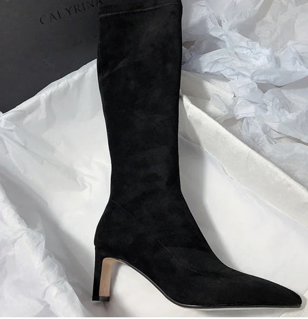 Leona Over Knee Premium Suede Boots - side flat-lay shot with box, black - Miss Mosa By Akanksha