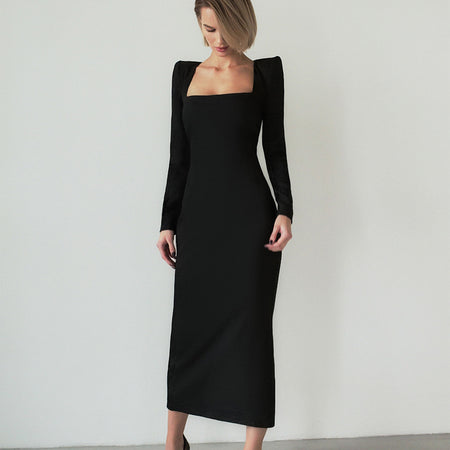 Leone Luxe Midi Dress - full-length front shot, black - Miss Mosa By Akanksha