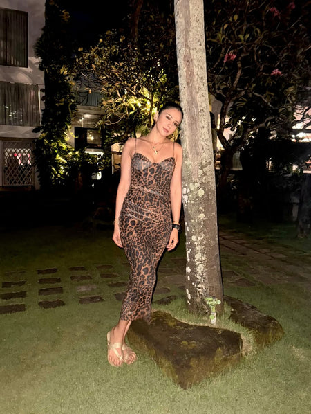 Leopard Print Bodycon Midi Dress In Brown - full-length shot on model leaning on tree - Miss Mosa By Akanksha