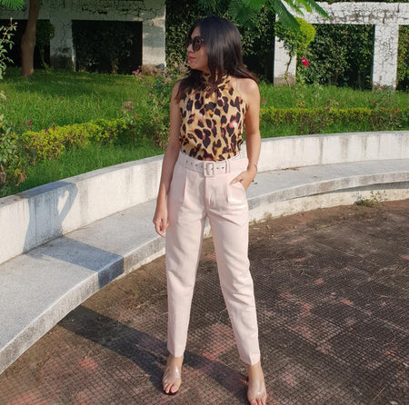 Leopard Print Halter Neck Top In Brown - full-length shot on model, brown - Miss Mosa By Akanksha
