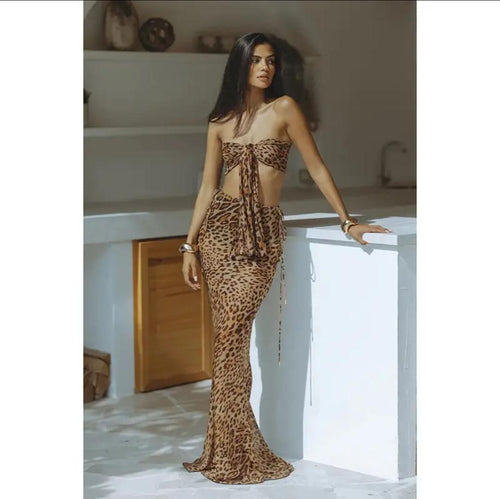 Leopard Print Swimsuit With Skirt In Brown