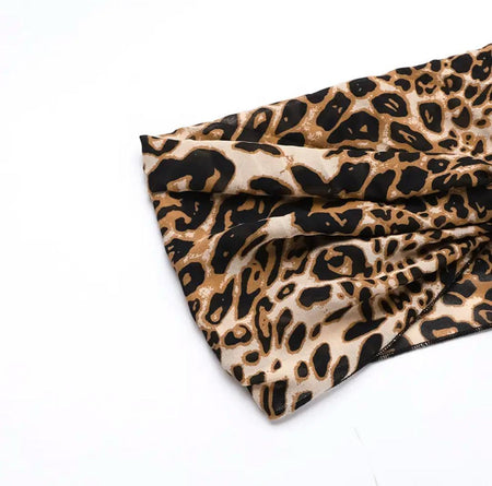 Leopard Print Swimsuit With Skirt In Brown - flat-lay close-up of fabric - Miss Mosa By Akanksha