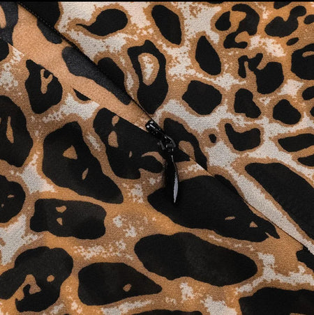 Leopard Print Swimsuit With Skirt In Brown - close-up of zip detail - Miss Mosa By Akanksha