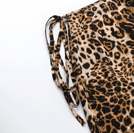 Leopard Print Swimsuit With Skirt In Brown - flat-lay close-up of skirt ties - Miss Mosa By Akanksha