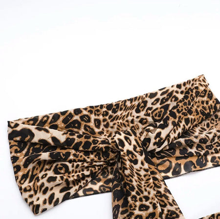 Leopard Print Swimsuit With Skirt In Brown - flat-lay close-up of head wrap - Miss Mosa By Akanksha