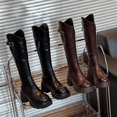 Leora High Block Boots - styled group shot, black and dark brown - Miss Mosa By Akanksha