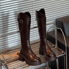 Leora High Block Boots - angled pair shot, dark brown - Miss Mosa By Akanksha