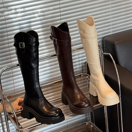 Leora High Block Boots - styled group shot, black, brown and cream - Miss Mosa By Akanksha