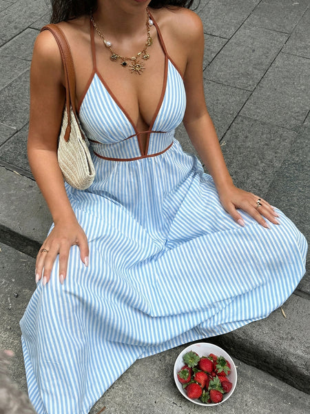 Leora Striped Maxi Dress - close-up shot, light blue and white stripe - Miss Mosa By Akanksha
