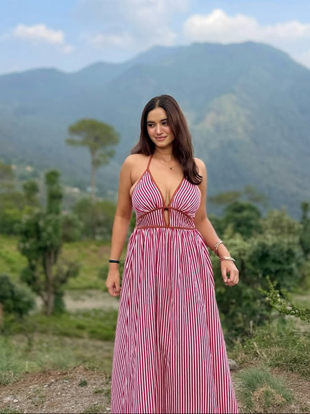 Leora Striped Maxi Dress - seated shot, red and white stripe - Miss Mosa By Akanksha
