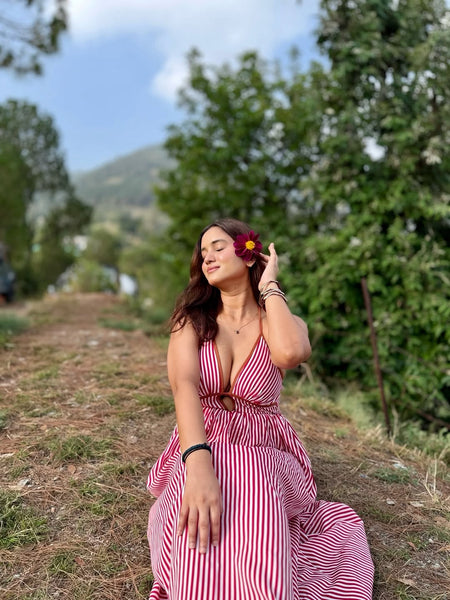 Leora Striped Maxi Dress - seated shot, red and white stripe - Miss Mosa By Akanksha