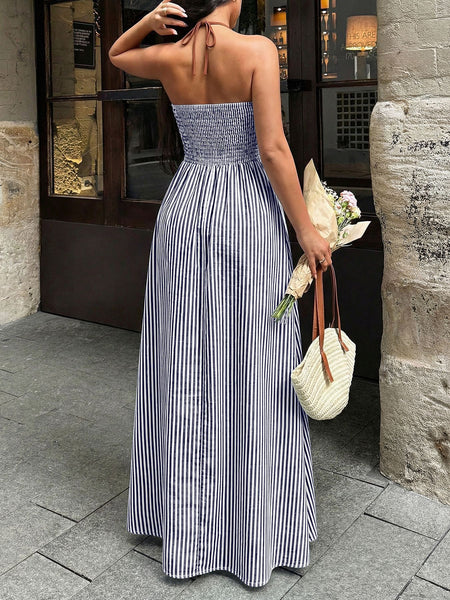 Leora Striped Maxi Dress - back shot, navy and white stripe - Miss Mosa By Akanksha