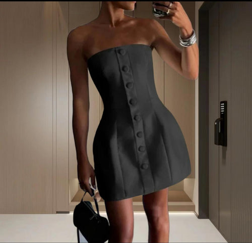 Lera Button Tube Mini Dress In Black