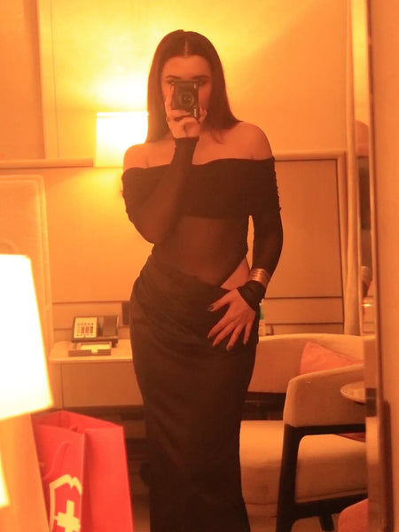 Lerica Bodycon Mesh Dress In Black - front shot on model in mirror - Miss Mosa By Akanksha