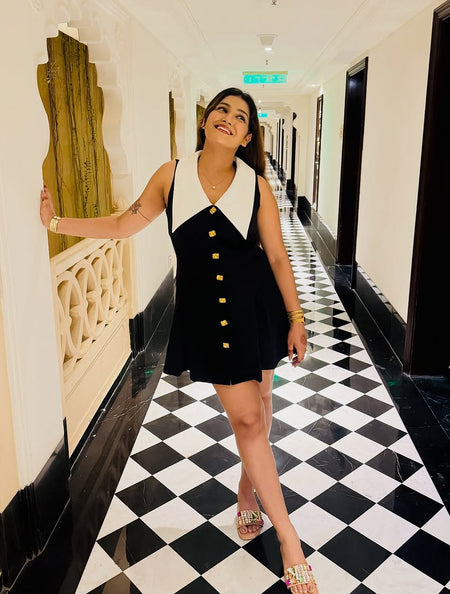 Leriya Luxe Collar Mini Dress In Black - full-length shot on model - Miss Mosa By Akanksha