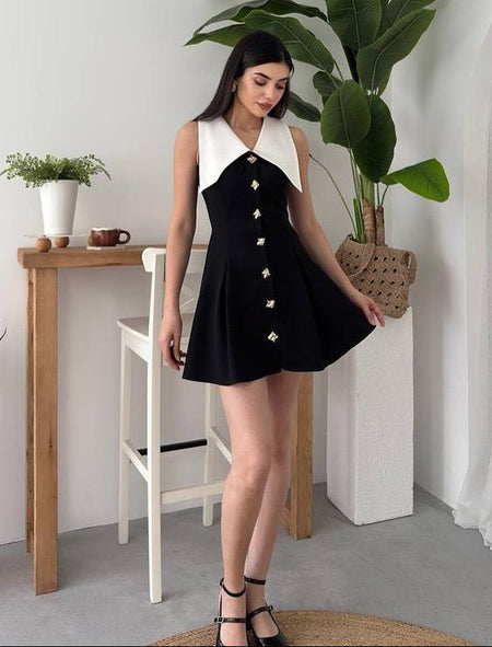 Leriya Luxe Collar Mini Dress In Black - front shot on model - Miss Mosa By Akanksha