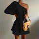 Leslie One Shoulder dress - front shot on model, black - Miss Mosa By Akanksha