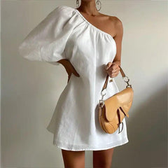Leslie One Shoulder dress - front shot on model, white - Miss Mosa By Akanksha
