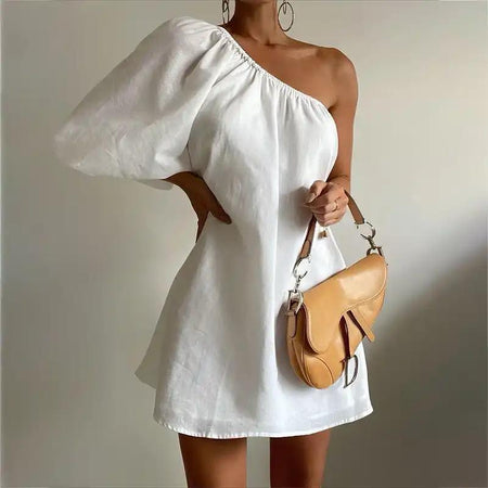 Leslie One Shoulder dress - front shot on model, white - Miss Mosa By Akanksha