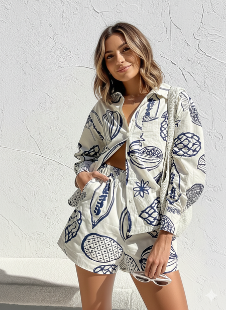 Letizia Printed Coord Set - full-length styled shot, navy and cream print - Miss Mosa By Akanksha