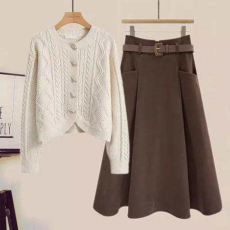 Leto Set of Sweater & Skirt With Belt In Cream - flat-lay product shot of two-piece set - Miss Mosa By Akanksha