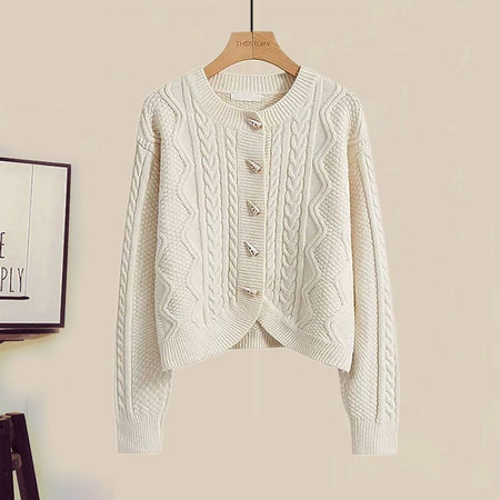 Leto Set of Sweater & Skirt With Belt In Cream - flat-lay product shot of cardigan - Miss Mosa By Akanksha