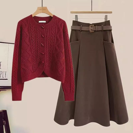 Leto Set of Sweater & Skirt With Belt In Red - flat-lay product shot of two-piece set - Miss Mosa By Akanksha