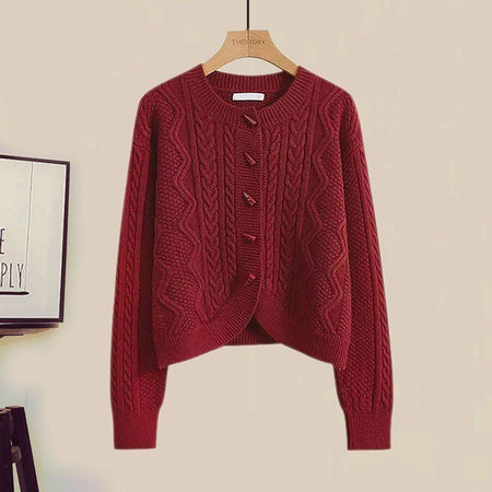 Leto Set of Sweater & Skirt With Belt In Red - flat-lay product shot of cardigan - Miss Mosa By Akanksha