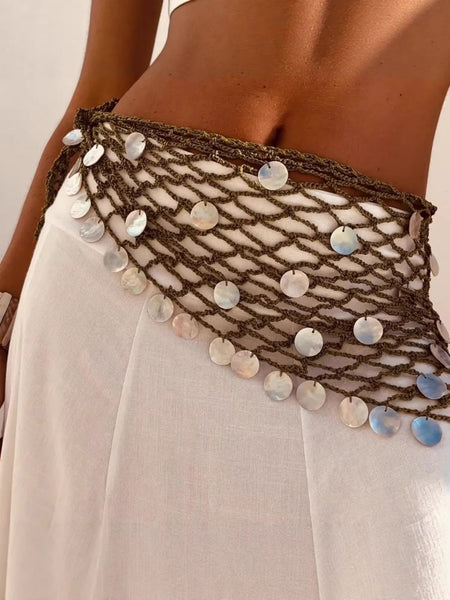 Levia Crochet Sequin Scarf - close-up detail shot, olive green net with iridescent white shell discs - Miss Mosa By Akanksha