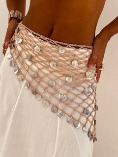 Levia Crochet Sequin Scarf - close-up detail shot, blush beige net with iridescent white shell discs - Miss Mosa By Akanksha