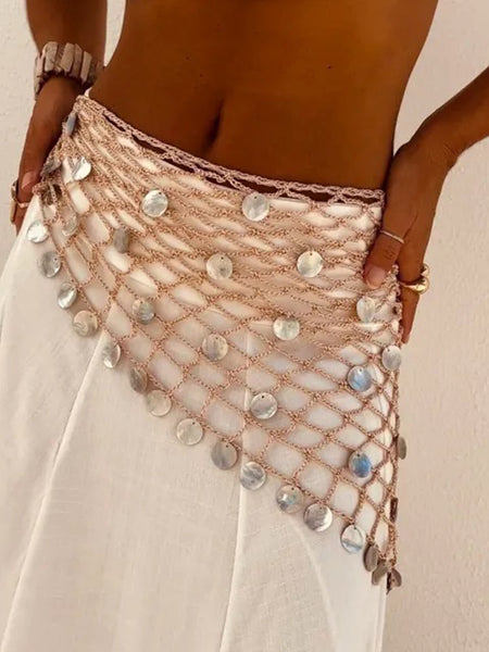 Levia Crochet Sequin Scarf - close-up detail shot, blush beige net with iridescent white shell discs - Miss Mosa By Akanksha