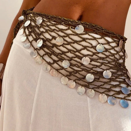 Levia Crochet Sequin Scarf - close-up detail shot, olive green net with iridescent white shell discs - Miss Mosa By Akanksha