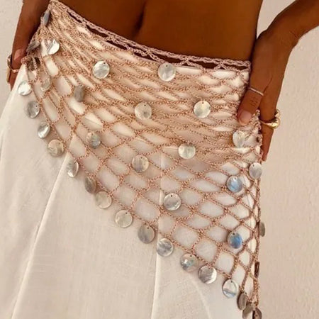 Levia Crochet Sequin Scarf - close-up detail shot, blush beige net with iridescent white shell discs - Miss Mosa By Akanksha