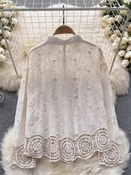 Levy Embroidered Cotton Shirt - back flat-lay product shot of the embroidered lace shirt on hanger, cream - Miss Mosa By Akanksha