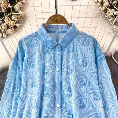 Levy Embroidered Cotton Shirt - close-up of the collar and bodice embroidery, blue - Miss Mosa By Akanksha