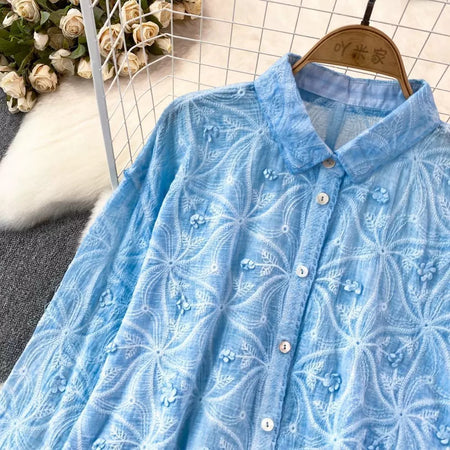 Levy Embroidered Cotton Shirt - flat-lay product shot of the embroidered lace shirt, blue - Miss Mosa By Akanksha
