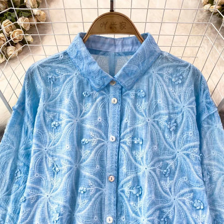 Levy Embroidered Cotton Shirt - flat-lay product shot of the embroidered lace shirt on hanger, cream - Miss Mosa By Akanksha