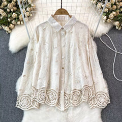 Levy Embroidered Cotton Shirt - close-up of the collar and bodice embroidery, cream - Miss Mosa By Akanksha