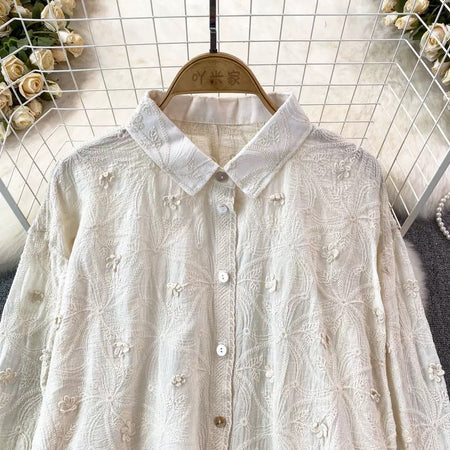 Levy Embroidered Cotton Shirt - close-up of the collar and shoulder embroidery, cream - Miss Mosa By Akanksha