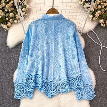 Levy Embroidered Cotton Shirt - back flat-lay product shot of the embroidered lace shirt, blue - Miss Mosa By Akanksha