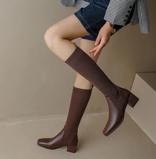 Lia Knee High Trendy Sock Leather Boots