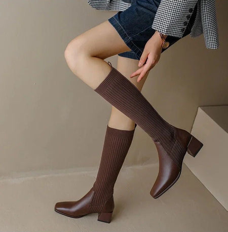 Lia Knee High Trendy Sock Leather Boots - side shot on model, brown - Miss Mosa By Akanksha