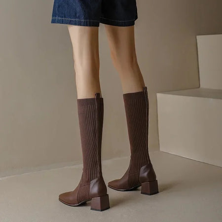 Lia Knee High Trendy Sock Leather Boots - front shot on model, brown - Miss Mosa By Akanksha