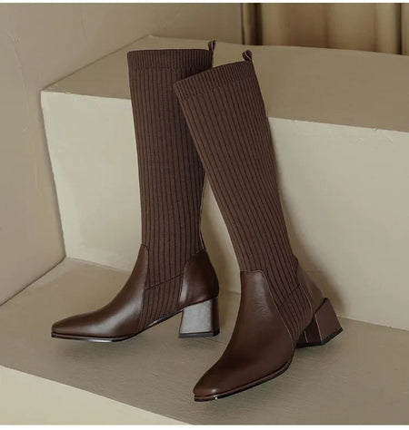 Lia Knee High Trendy Sock Leather Boots - flat-lay shot of pair, brown - Miss Mosa By Akanksha