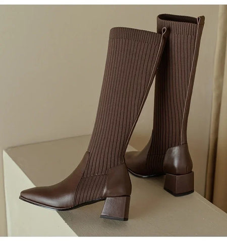 Lia Knee High Trendy Sock Leather Boots - styling shot of single boot on model, brown - Miss Mosa By Akanksha